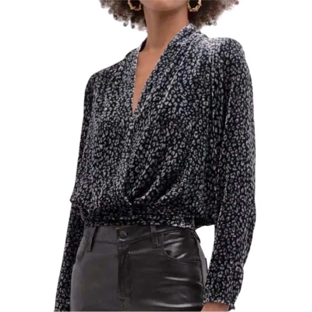 Ramy Brook Jordyn Leopard-Print Velvet Blouse Women S Grey Silk Long Sleeve Top
